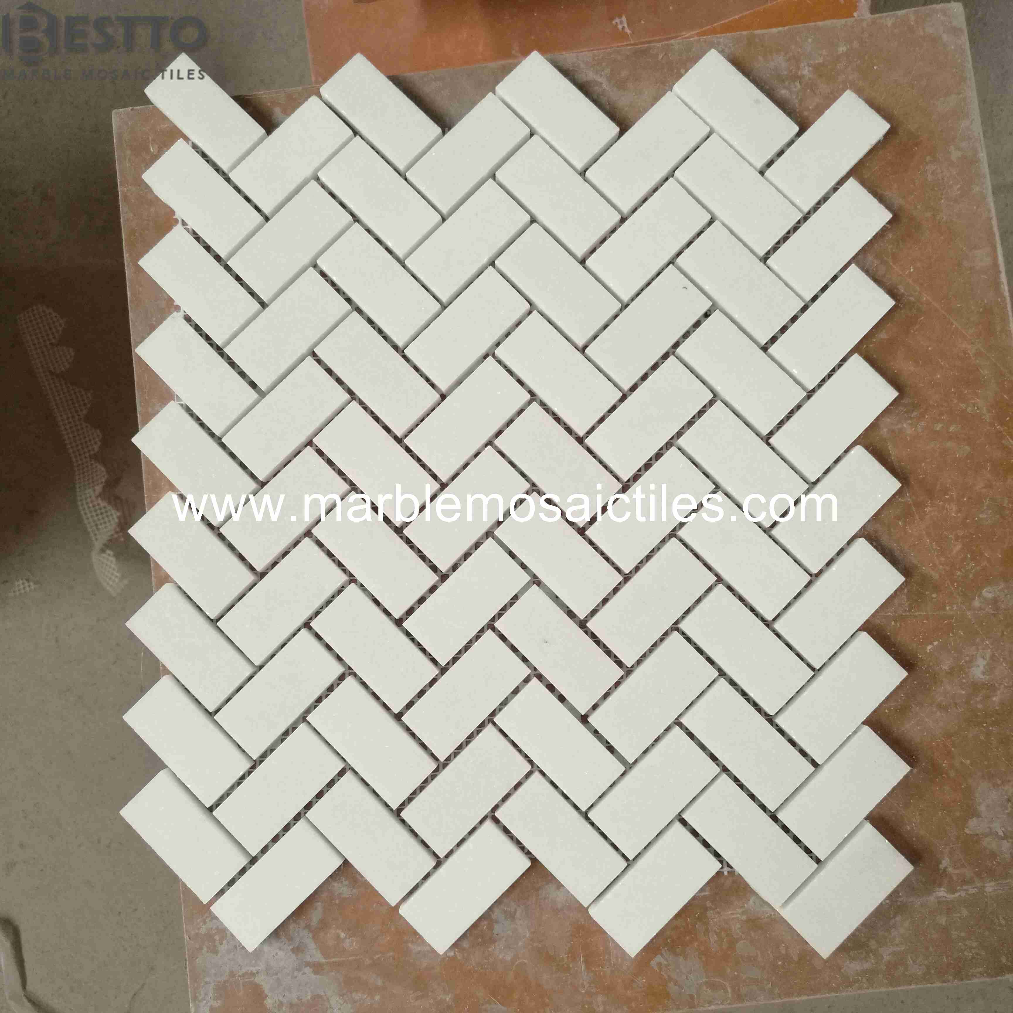 White Thassos Herringbone Mosaic