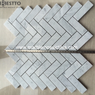 White Carrara Herringbone Mosaic Tiles